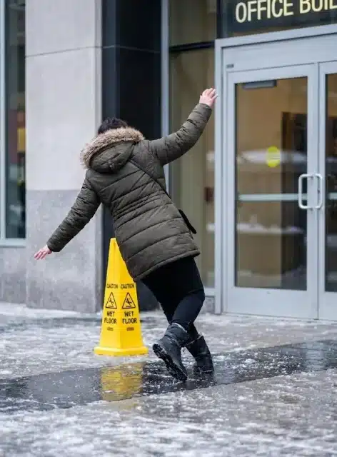 Persona sufriendo un resbalón y caída por hielo en la entrada de un edificio comercial en Nueva York o Nueva Jersey, con señal de precaución visible.
