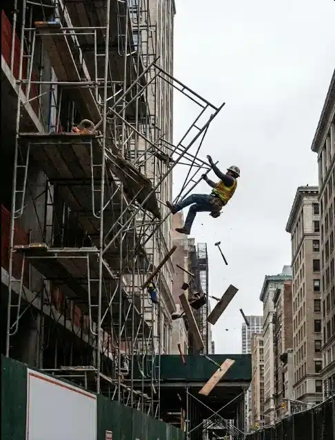 Trabajador de construcción sufriendo una caída desde un andamio inestable en una obra de Nueva York o Nueva Jersey.