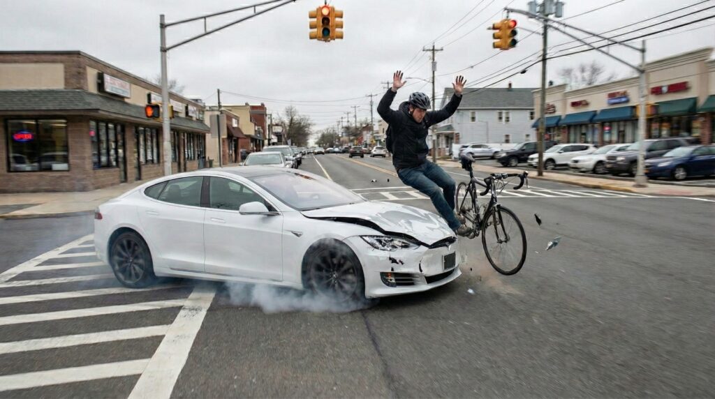 Ciclista siendo atropellado por un coche Tesla blanco en un paso de peatones en una calle urbana de Nueva York o Nueva Jersey.