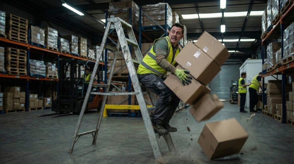 Accidente laboral en una bodega de Nueva York con un trabajador perdiendo el equilibrio en una escalera y dejando caer cajas, servicios de 1800Cantaso.