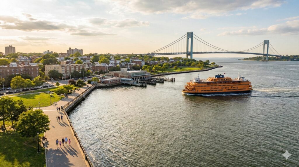 Ferry de Staten Island navegando frente al puente Verrazzano al atardecer en Nueva York.