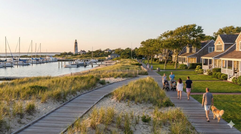 Faro histórico y marina con yates en Long Island, Nueva York, con familias caminando por un sendero de madera al atardecer.