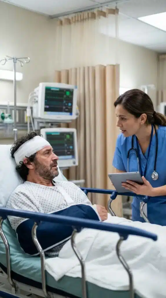 Atención médica bilingüe para paciente con lesiones de cabeza y brazo tras accidente en hospital de NY NJ.